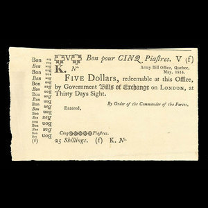 Canada, Army Bill Office, 5 dollars : May 1814