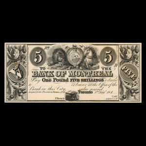 Canada, Bank of Montreal, 5 dollars : August 2, 1844