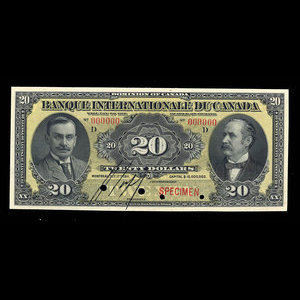 Canada, Banque Internationale du Canada, 20 dollars : October 17, 1911