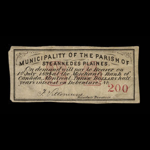 Canada, Parish of Ste. Anne des Plaines, 3 dollars : January 1, 1878