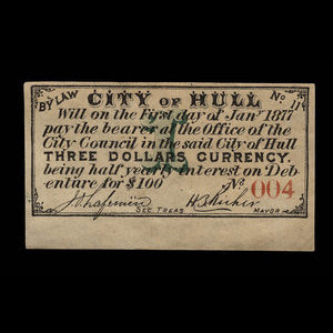 Canada, City of Hull, 3 dollars : January 1, 1877