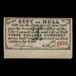 Canada, City of Hull, 3 dollars : January 1, 1877