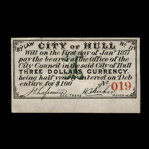 Canada, City of Hull, 3 dollars : January 1, 1877