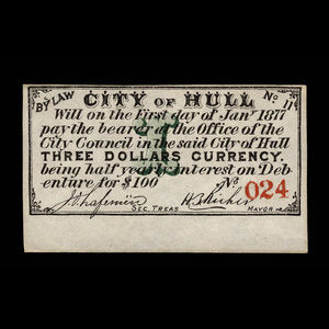 Canada, City of Hull, 3 dollars : January 1, 1877