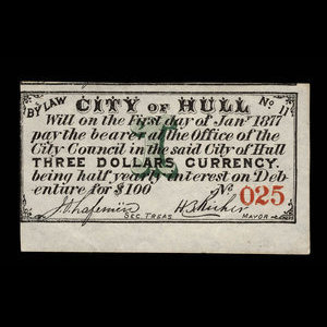 Canada, City of Hull, 3 dollars : January 1, 1877