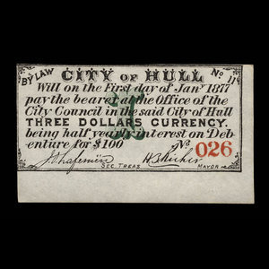 Canada, City of Hull, 3 dollars : January 1, 1877