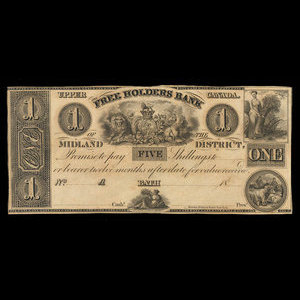 Canada, Free Holders Bank of the Midland District, 1 dollar : 1838