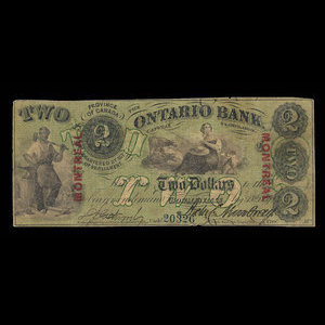 Canada, Ontario Bank, 2 dollars : August 15, 1857