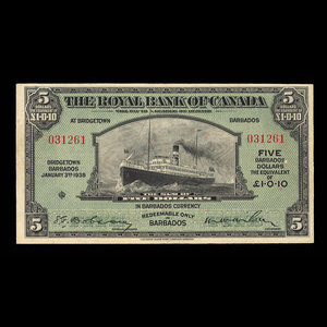 Barbados, Royal Bank of Canada, 5 dollars : January 3, 1938