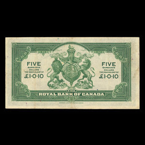 Barbados, Royal Bank of Canada, 5 dollars : January 3, 1938