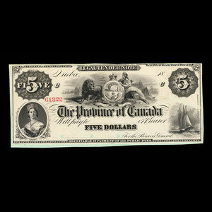 Canada, Province of Canada, 5 dollars : 1865