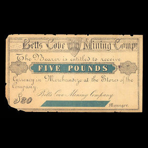 Canada, Betts Cove Mining Company, 20 dollars : 1886