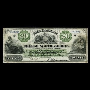 Canada, Bank of British North America, 20 dollars : July 3, 1877