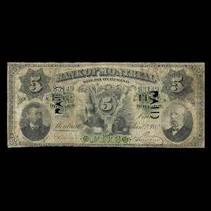 Canada, Bank of Montreal, 5 dollars : January 2, 1882