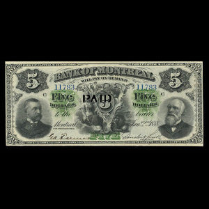 Canada, Bank of Montreal, 5 dollars : January 2, 1888