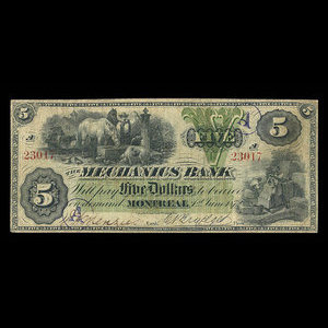 Canada, Mechanics Bank (Montreal), 5 dollars : June 1, 1872