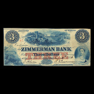 Canada, Zimmerman Bank, 3 dollars : June 29, 1856