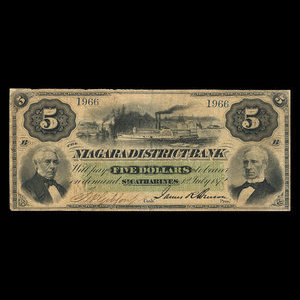 Canada, Niagara District Bank, 5 dollars : July 1, 1872