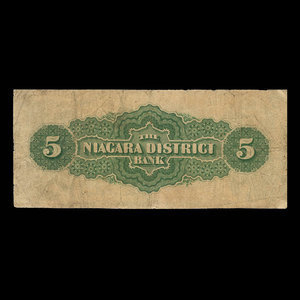 Canada, Niagara District Bank, 5 dollars : July 1, 1872