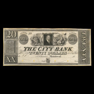 Canada, City Bank (Montreal), 20 dollars : 1850