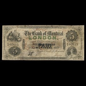 Canada, Bank of Montreal, 5 dollars : January 2, 1857