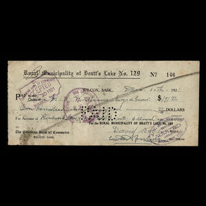 Canada, Bratt's Lake No.129, 191 dollars, 40 cents : December 30, 1921