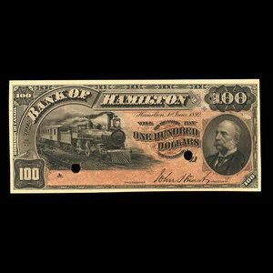 Canada, Bank of Hamilton, 100 dollars : June 1, 1892