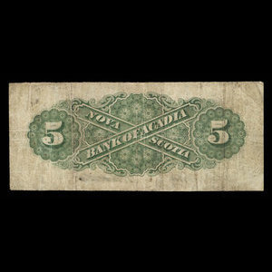 Canada, Bank of Acadia, 5 dollars : December 2, 1872