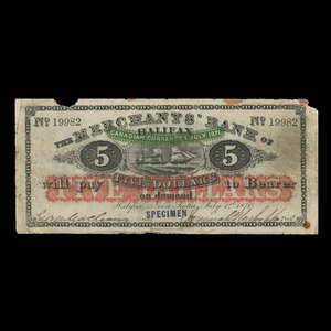 Canada, Merchants' Bank of Halifax, 5 dollars : July 1, 1870