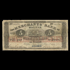Canada, Merchants' Bank of Halifax, 5 dollars : July 1, 1871