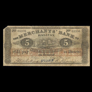 Canada, Merchants' Bank of Halifax, 5 dollars : January 1, 1872