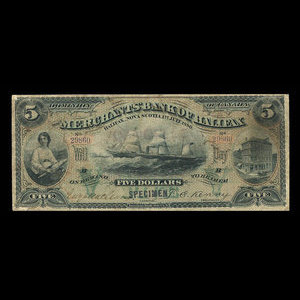 Canada, Merchants' Bank of Halifax, 5 dollars : July 1, 1880
