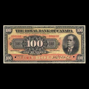 Canada, Royal Bank of Canada, 100 dollars : January 2, 1913