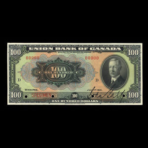 Canada, Union Bank of Canada (The), 100 dollars : July 1, 1921