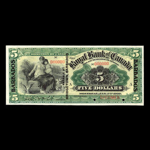 Barbados, Royal Bank of Canada, 5 dollars : January 2, 1909