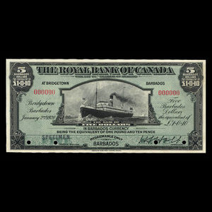 Barbados, Royal Bank of Canada, 5 dollars : January 2, 1920