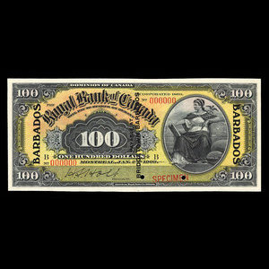 Barbados, Royal Bank of Canada, 100 dollars : January 2, 1909