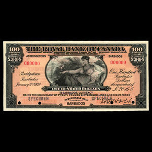 Barbados, Royal Bank of Canada, 100 dollars : January 2, 1920