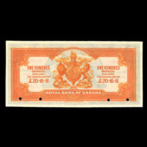 Barbados, Royal Bank of Canada, 100 dollars : January 2, 1920