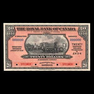 Barbados, Royal Bank of Canada, 20 dollars : January 3, 1938