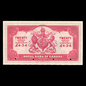 Barbados, Royal Bank of Canada, 20 dollars : January 3, 1938