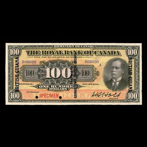 British Guiana, Royal Bank of Canada, 100 dollars : January 2, 1913