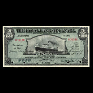 St. Kitts, Royal Bank of Canada, 5 dollars : January 2, 1920