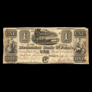 Canada, Mechanics Bank of St. John's, 1 piastre : July 20, 1853