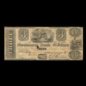 Canada, Mechanics Bank of St. John's, 3 piastres : June 1, 1859
