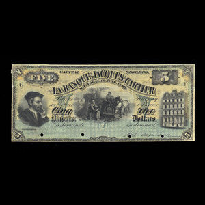 Canada, Banque Jacques-Cartier, 5 piastres : June 1, 1889