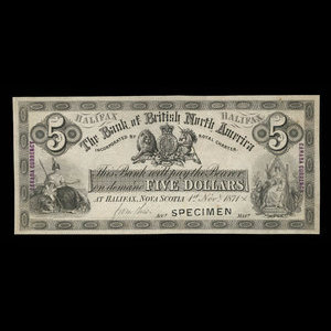 Canada, Bank of British North America, 5 dollars : November 1, 1871