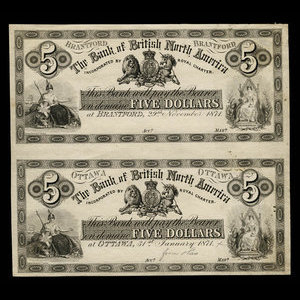 Canada, Bank of British North America, 5 dollars : November 29, 1871