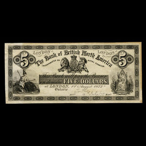 Canada, Bank of British North America, 5 dollars : August 1, 1872