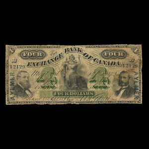 Canada, Exchange Bank of Canada, 4 dollars : October 1, 1872